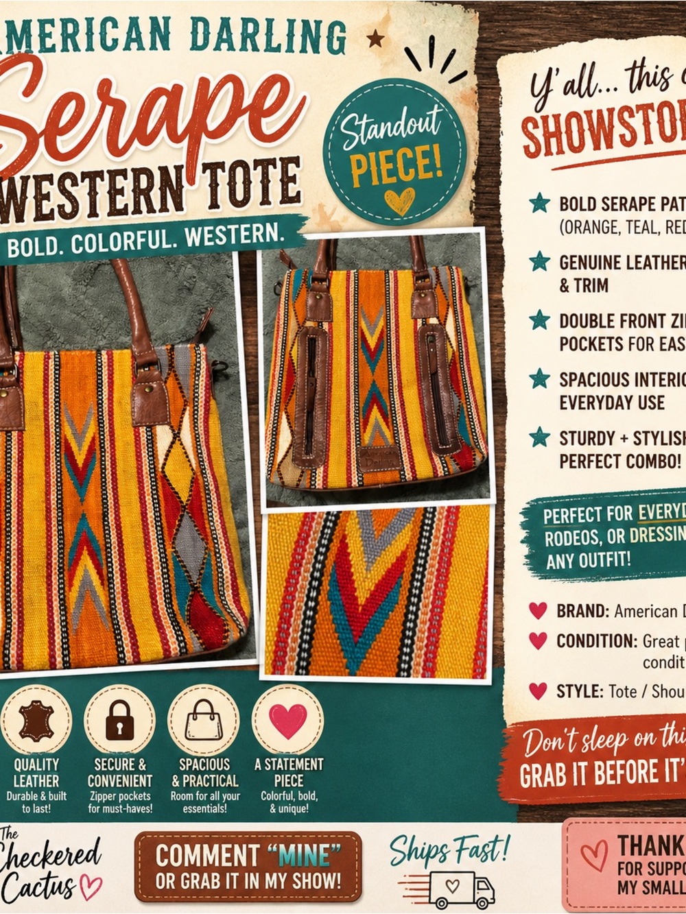 American Darling Multicolor Striped Serape Tote with Brown Leather Trim